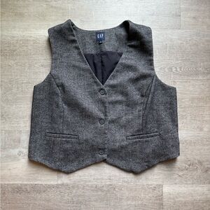 GAP Wool Blend Gray Herringbone Cropped Waistcoat Vest Size L Preppy